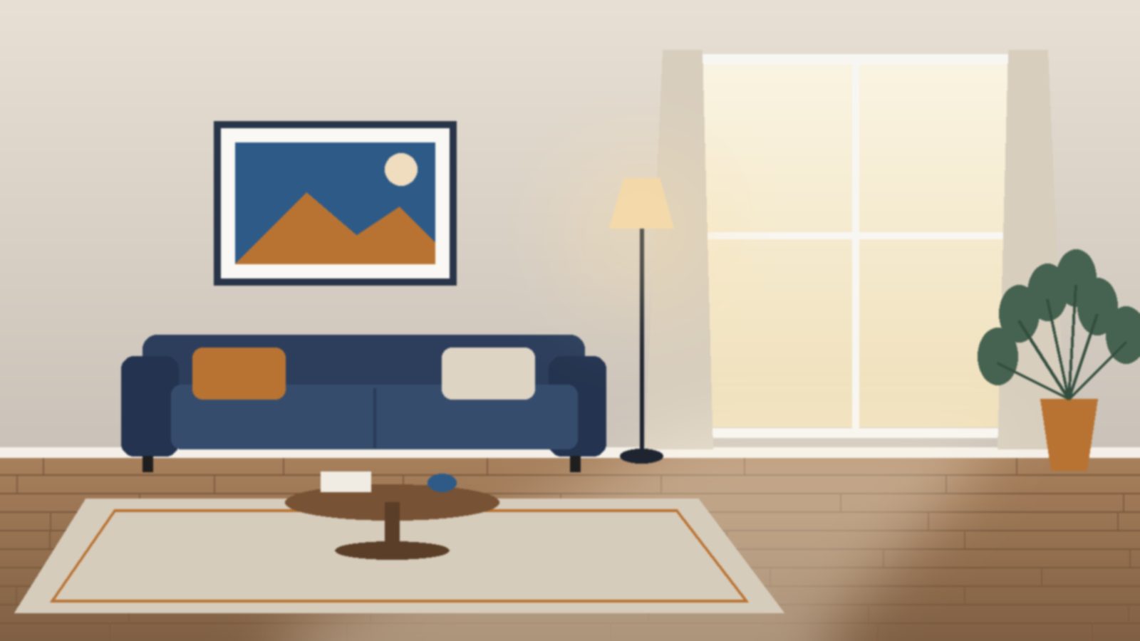 A sunlit living room with a sofa, floor lamp and large window, staged for a property photo shoot
